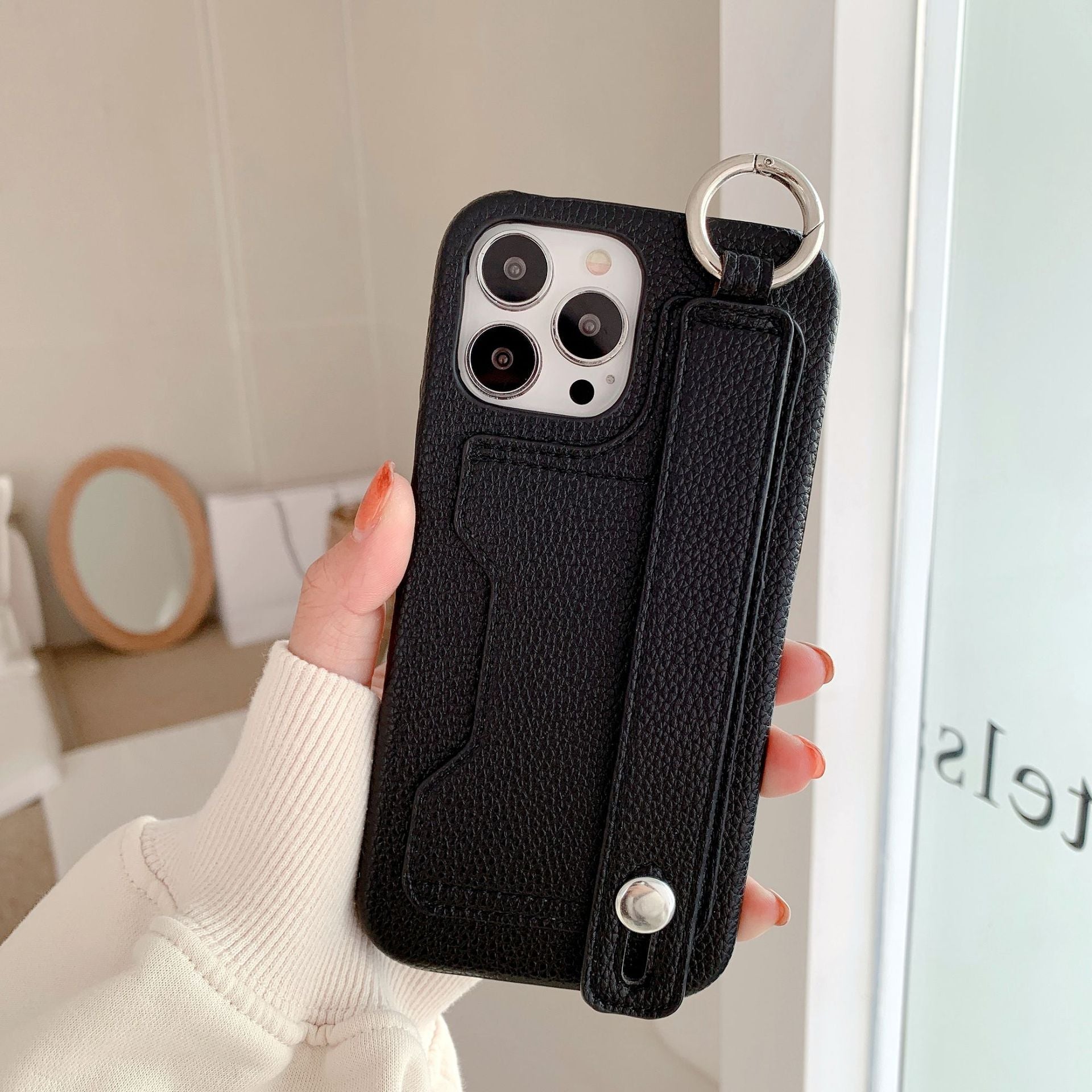 Stylish leather phone case, suitable for iPhone, with card slot and wrist strap protection