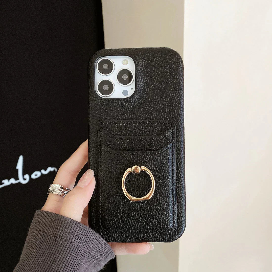 Black genuine leather ring holder phone case suitable for Apple phones