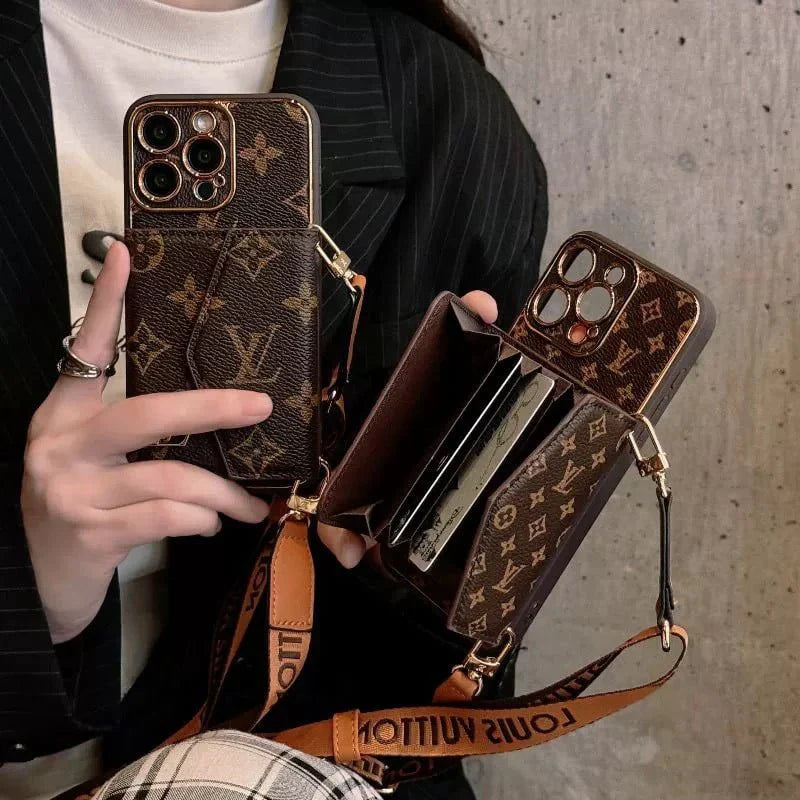 Advanced leather iPhone Case With Wallet And Strap Brown
